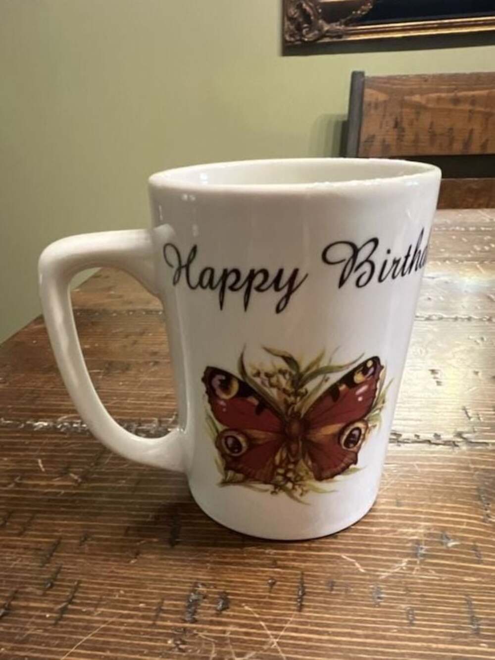 Happy Birthday Porcelain Mug with Butterfly Illustration